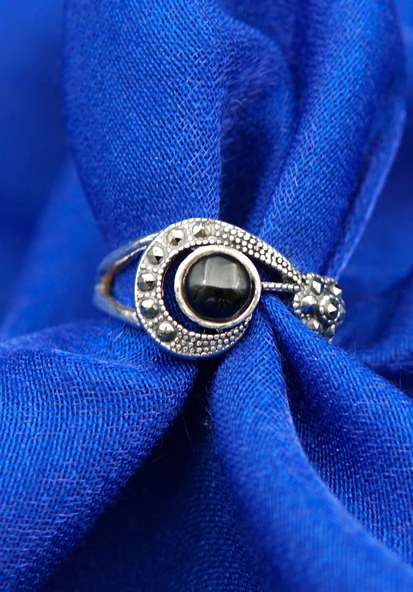 925 Ayar Kadın Gümüş Oltu Taşı Yüzük sy00071 - Resim 3