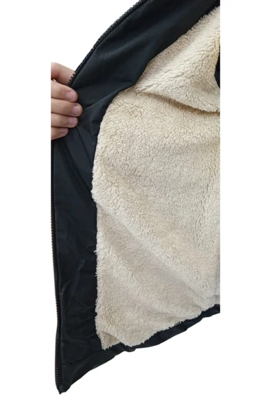 Kız Çocuk Kapüşonu Çıkabilen Fermuar Kapamalı Beli İp Bağlamalı İçi Peluş Astarlı Siyah Mont - 4