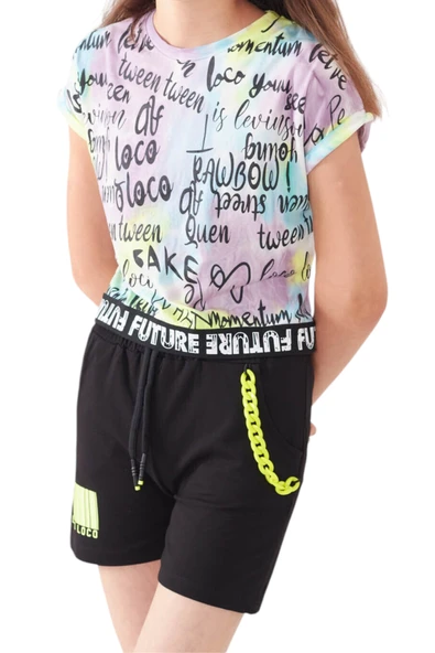 Kız Çocuk Future Yazı Desenli Crop Model Tişört Zincir Detaylı Lila Renk Şortlu Takım 2827