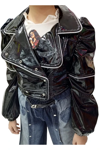 Kız Çocuk Fermuar Detaylı Siyah Parlak Deri Görünümlü Ceket & Uzun Kollu Baskılı Bluz İkili Takım