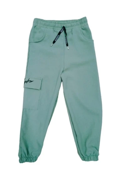 Kız Çocuk Yeşil  Kargo Cepli Angel Nakışlı Aerobin Kumaş Pantolon