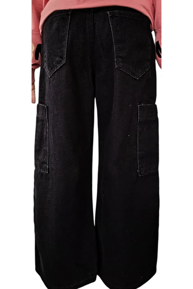 Kız Çocuk Beli Lastikli Komando Cep Bol Paça Model Siyah Renk Kot Pantolon - 2