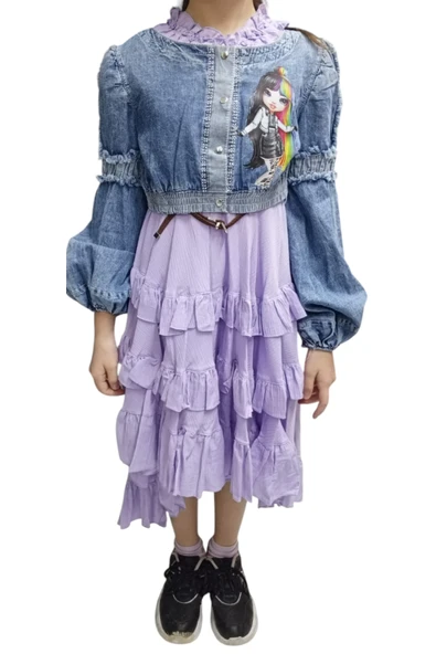 Kız Çocuk Yakası Fırfır Detaylı Kot Ceketli Lila Renk İkili Takım Elbise - 3