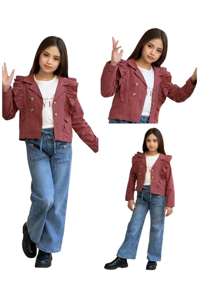 Kız Çocuk Style Yazılı Ceketi Fırfır Detaylı Kiremit Renk Ceket Tişört Kot Pantolon Takımı - 3