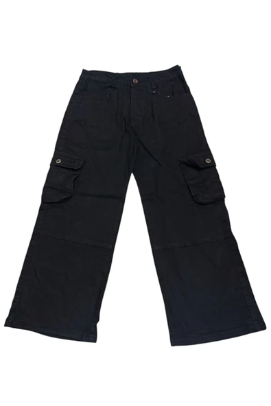 Kız Çocuk Çift Kargo Cepli Bol Paça Model Siyah Kot Pantolon