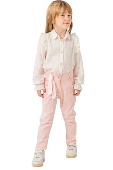 Kız Çocuk Omuzları Fırfır Detaylı Gömleği Desenli Pudra Renk Gömlek Pantolon Takımı
