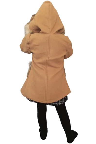 Kız Çocuk Kürk Detaylı Kapüşonlu Kahverengi Kaşe Mont - 4