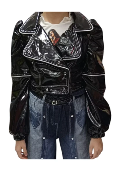 Kız Çocuk Fermuar Detaylı Siyah Parlak Deri Görünümlü Ceket & Uzun Kollu Baskılı Bluz İkili Takım - 3