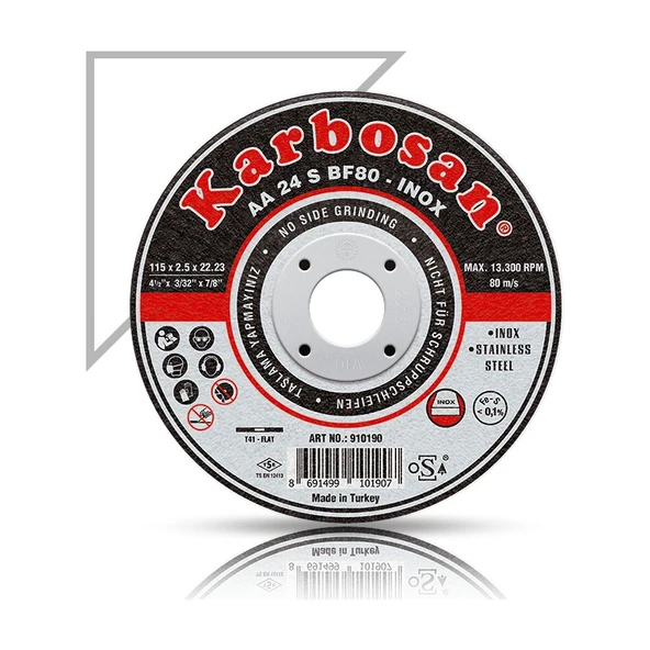 Karbosan Karbosan 115X1.0X22.23 910380 Aa 54 R BF80 Düz Paslanmaz Çelik (Inox) Ince Kesme Taşı - 1