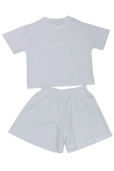 Kız Çocuk Kendinden Simli Beyaz Renk Şortlu Takım