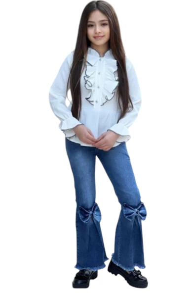 Kız Çocuk Gömleği Fırfır Pantolonu Kurdele Detaylı Gömlek Pantolon İkili Takım