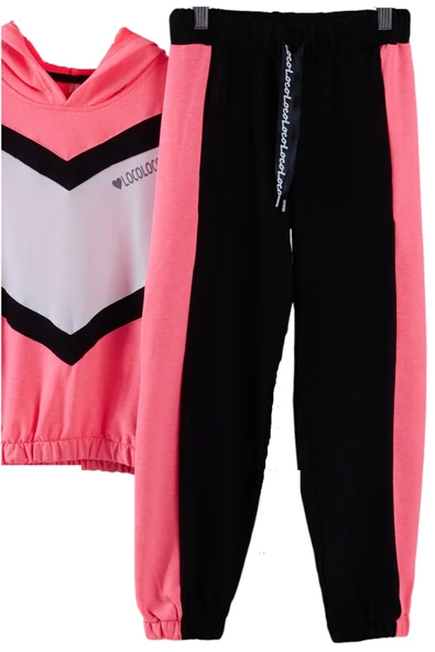 Kız Çocuk Loco Yazı Desenli Renk Bloklu Fosfor Pembe Renk Kapüşonlu Eşofman Takımı - 4