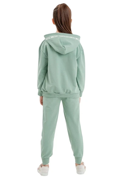 Kız Çocuk What Yazılı Kapüşonlu Mint Yeşili Eşofman Takımı - 3