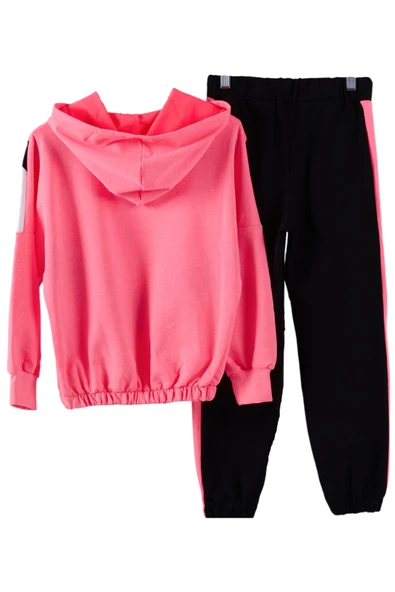 Kız Çocuk Loco Yazı Desenli Renk Bloklu Fosfor Pembe Renk Kapüşonlu Eşofman Takımı - 2