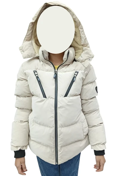Kız Çocuk /Erkek Çocuk Çapraz Fermuar Model Kapüşonu Çıkabilen İçi Peluş Astarlı Bej Renk Mont - 3