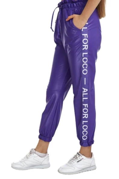 Kız Çocuk Yazı Şeritli Suni Deri Bel Bilek Lastikli Cepli Mor Renk Jogger Pantolon