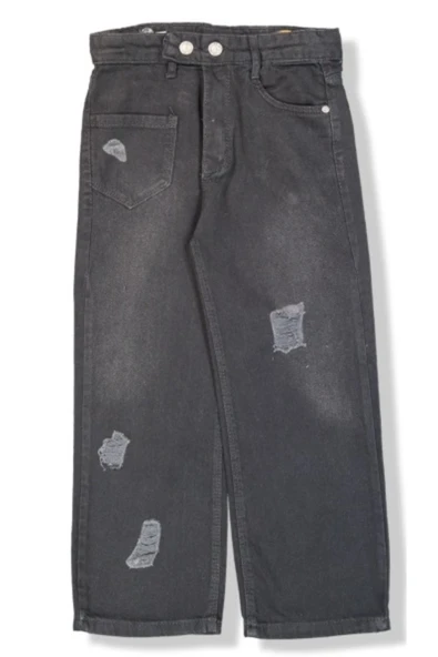 Kız Çocuk Bol Paça Yırtık Siyah Renk Kot Pantolon
