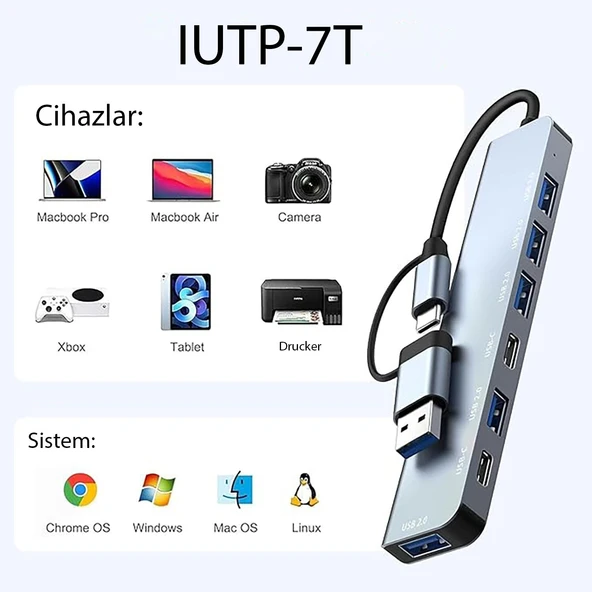 Inca IUTP-7T USB 3.0 + 4x USB 2.0 100W Çoklayıcı Çevirici - 11