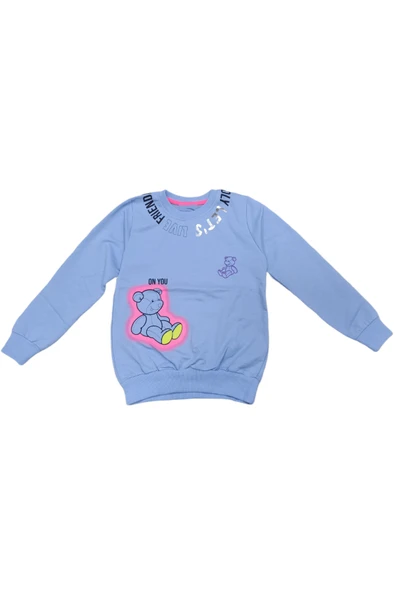 Kız Çocuk Önü Arkası Yazı Resim Desenli Açık Mavi Renk Sweatshirt - 2