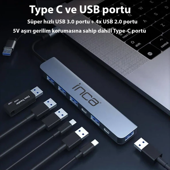Inca IUTP-7T USB 3.0 + 4x USB 2.0 100W Çoklayıcı Çevirici - 6