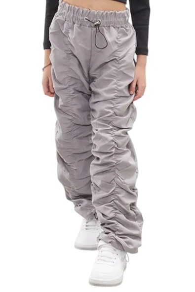 Kız Çocuk Şerit Dikişli Gri Renk Tarz Paraşüt Kumaş Pantolon - 5