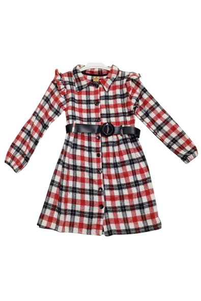 Kız Çocuk Düğme Kapamalı Kemerli Ekose Desenli Kırmızı Renk Oduncu Elbise