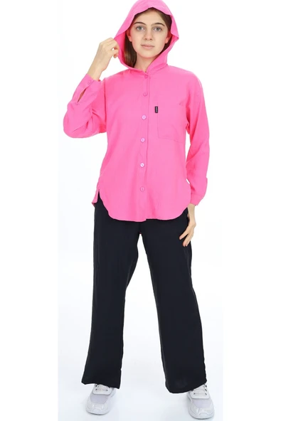 Kız Çocuk Kapüşonlu Gömlekli Pembe Renk Aerobin Kumaş İkili Takım - 5