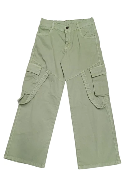 Kız Çocuk Kargo Cepli Bol Paça Cep Detaylı Su Yeşili Pantolon