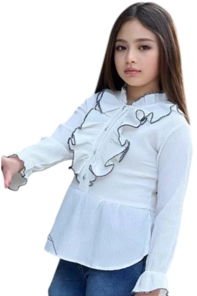 Kız Çocuk Gömleği Fırfır Pantolonu Kurdele Detaylı Gömlek Pantolon İkili Takım - 3