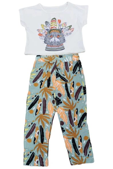 Kız Çocuk Kedi Desenli Crop Tişört Pantolon Takım