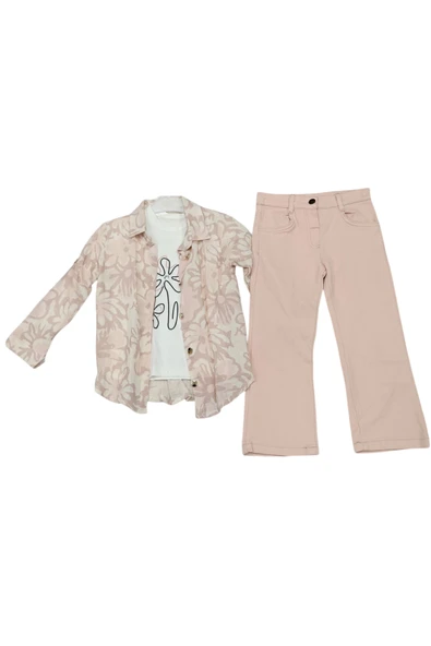 Kız Çocuk Müslin Gömlekli Papatya Desenli Üçlü Takım