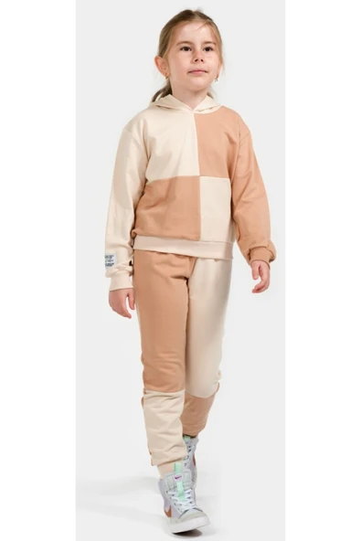 Kız Çocuk Blok Renk Desenli Kapüşonlu Açık Kahverengi Eşofman Takımı