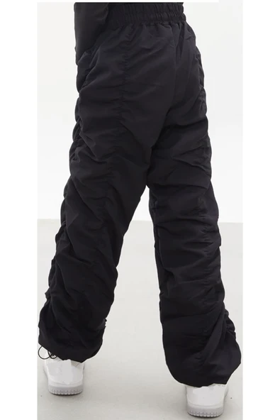 Kız Çocuk Şerit Dikişli Siyah Renk Tarz Paraşüt Kumaş Pantolon - 3