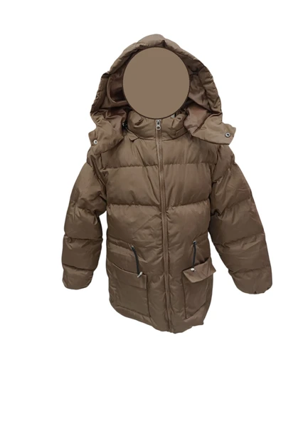 Kız Çocuk Kapüşonu Çıkabilen Fermuar Kapamalı Beli İp Bağlamalı İçi Peluş Astarlı Kahverengi Mont - 1