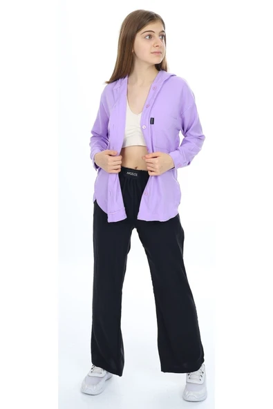 Kız Çocuk Kapüşonlu Gömlekli Lila Renk Aerobin Kumaş İkili Takım - 3