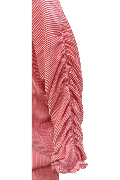 Kız Çocuk Bisiklet Yaka Fitilli Kol Lastikli Piliseli Beli Lastikli Parlak Kumaş Pembe Renk Takım - 2