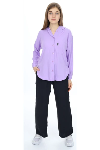 Kız Çocuk Kapüşonlu Gömlekli Lila Renk Aerobin Kumaş İkili Takım - 2