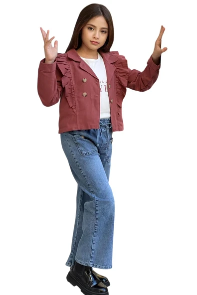 Kız Çocuk Style Yazılı Ceketi Fırfır Detaylı Kiremit Renk Ceket Tişört Kot Pantolon Takımı