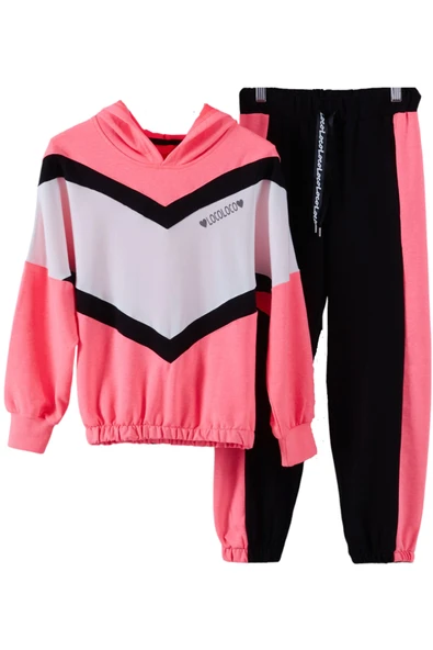 Kız Çocuk Loco Yazı Desenli Renk Bloklu Fosfor Pembe Renk Kapüşonlu Eşofman Takımı