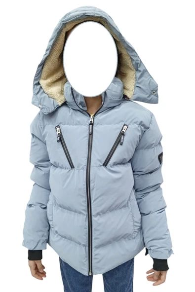Erkek Çocuk /Kız Çocuk Çapraz Fermuar Model Kapüşonu Çıkabilen İçi Peluş Astarlı Buz Mavi Renk Mont - 3