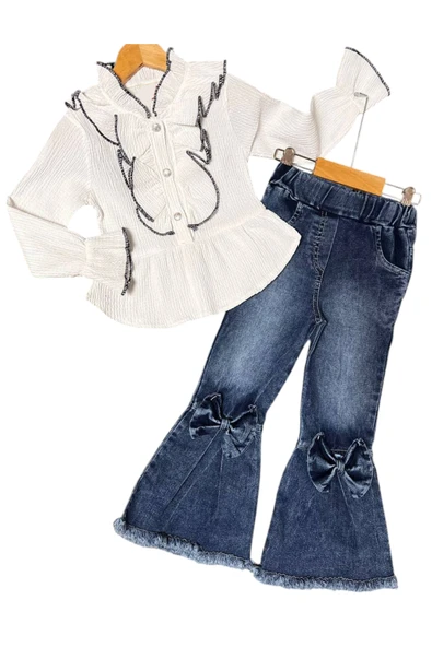 Kız Çocuk Gömleği Fırfır Pantolonu Kurdele Detaylı Gömlek Pantolon İkili Takım - 4