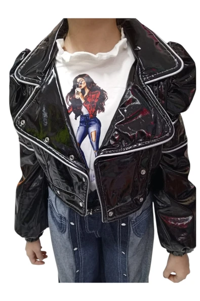 Kız Çocuk Fermuar Detaylı Siyah Parlak Deri Görünümlü Ceket & Uzun Kollu Baskılı Bluz İkili Takım - 2