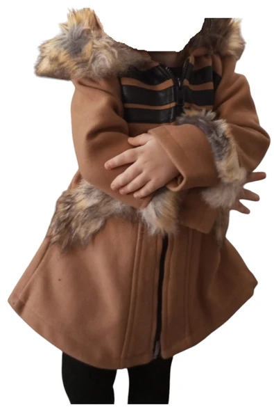 Kız Çocuk Kürk Detaylı Kapüşonlu Kahverengi Kaşe Mont - 3