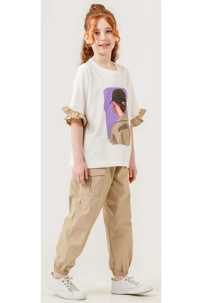Kız Çocuk Kolları Fırfır Detaylı Tişört Paraşüt Kumaş Pantolon Takımı - 4