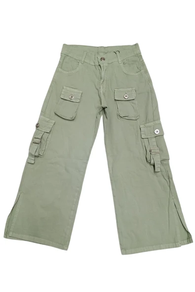 Kız Çocuk Kargo Cepli Cep Detaylı Paçası Yırtmaçlı Su Yeşili Pantolon