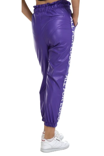 Kız Çocuk Yazı Şeritli Suni Deri Bel Bilek Lastikli Cepli Mor Renk Jogger Pantolon - 2