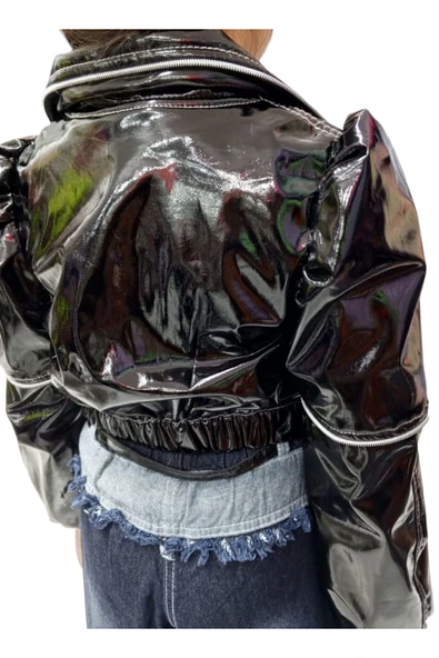 Kız Çocuk Fermuar Detaylı Siyah Parlak Deri Görünümlü Ceket & Uzun Kollu Baskılı Bluz İkili Takım - 5