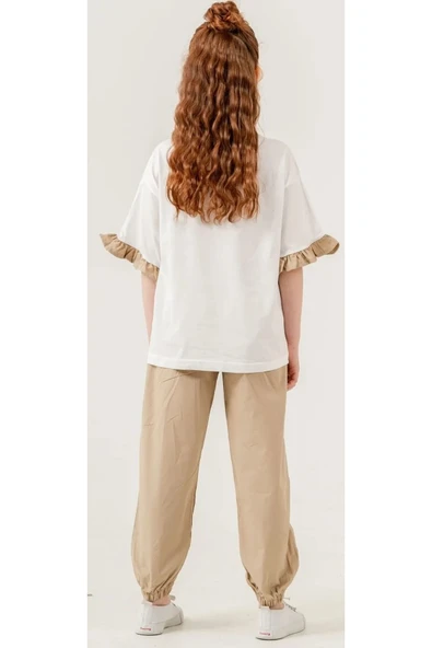 Kız Çocuk Kolları Fırfır Detaylı Tişört Paraşüt Kumaş Pantolon Takımı - 3