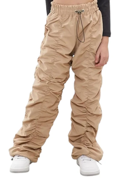 Kız Çocuk Şerit Dikişli Bej Renk Tarz Paraşüt Kumaş Pantolon - 3