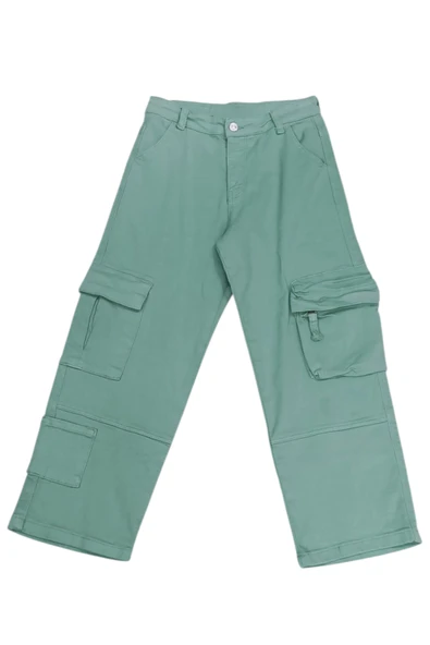 Kız Çocuk /Erkek Çocuk Çift Kargo Cepli Bol Paça Model Yeşil Renk Pantolon